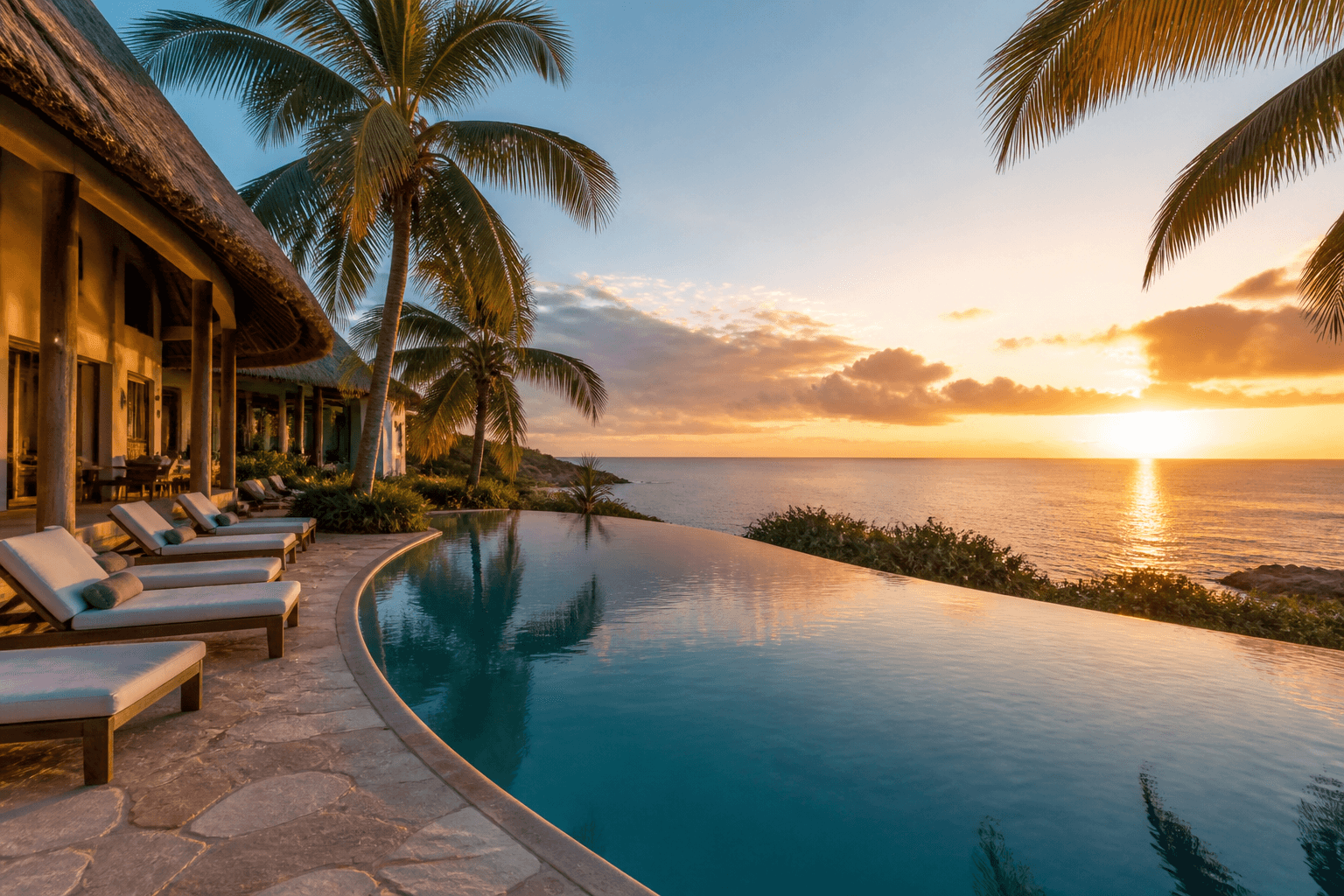 Oceanfront resort infinity pool at sunset